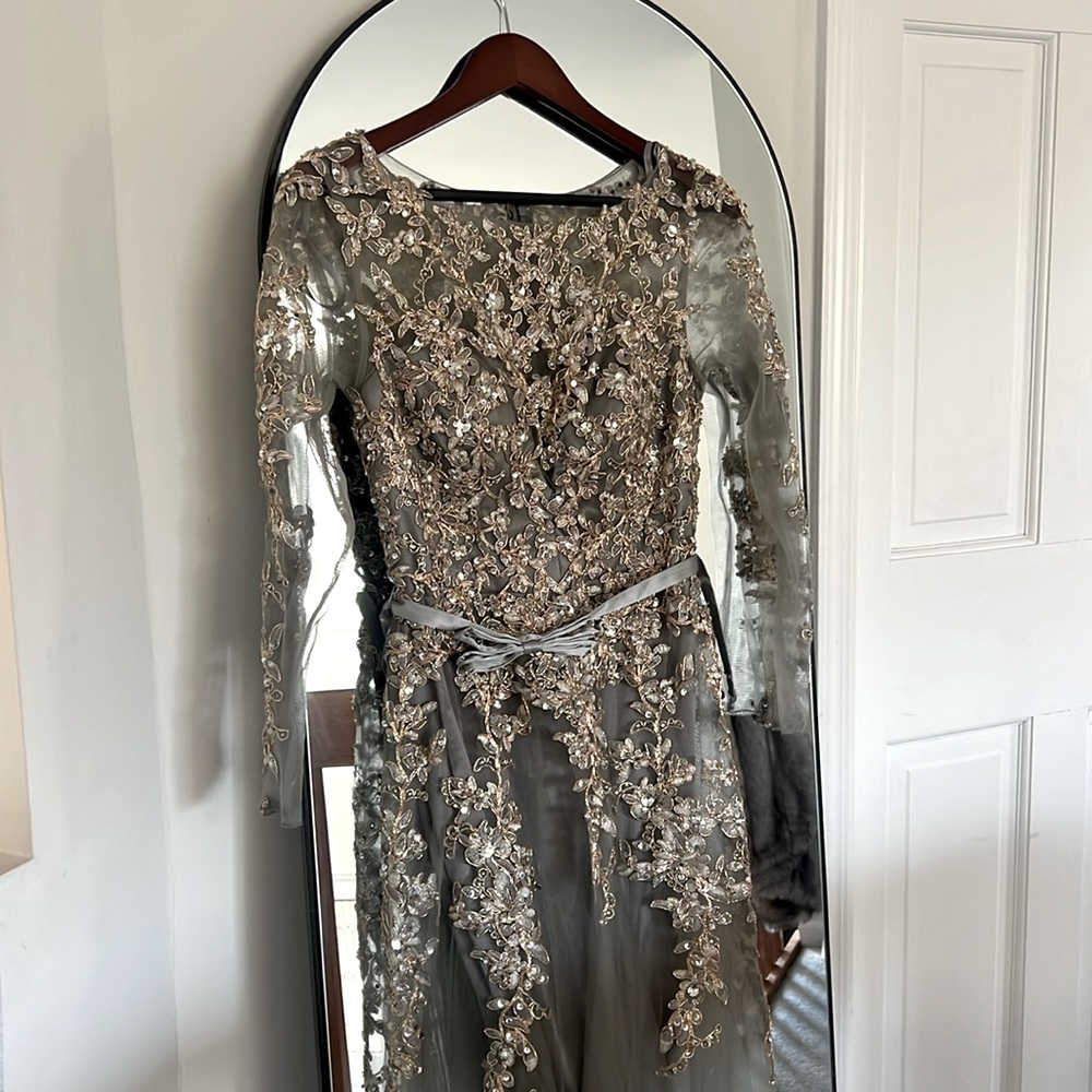 Silver Long Sleeve Mesh gown with embroidery and satin belt with bow